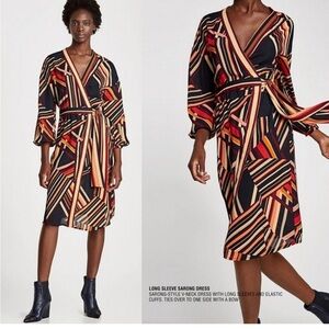 Zara Black and Orange Wrap Dress with Bishop Sleeves